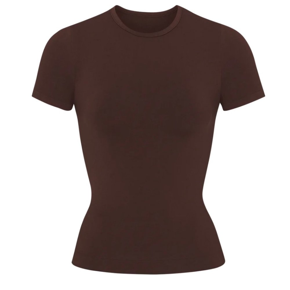 Skims Women's Cocoa Cotton Blend Crew Neck Short Sleeves Pullover T-Shirt Sz XS